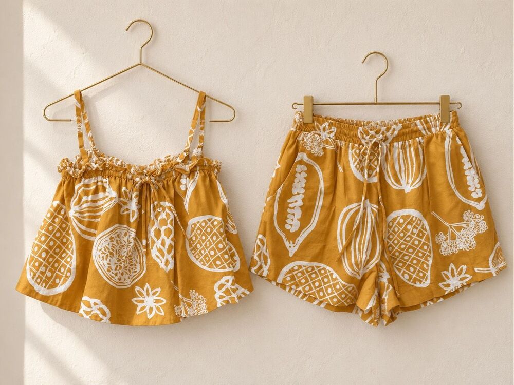 NWOT Petal & Pup Mustard Fruit Print Crop Top Shorts Two-Piece Set Sm/Med $120 C
